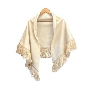 Vintage 50s 60s I Magnin Ivory Wool Fringe Shawl Old Hollywood Bohemian Bridal